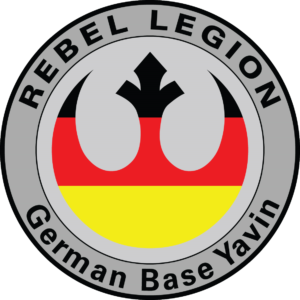 Logo der Rebel Legion German Base Yavin. In der Mitte ist das Symbol der Rebellen aus Star Wars in den Farben Schwarz, Rot und Gold.