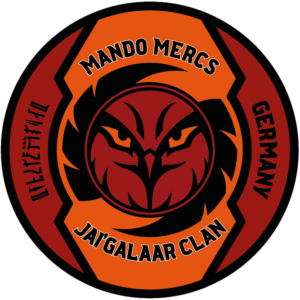 Logo der Mando Mercs Jai'Galaar Clan. Rundes Logo mit einem Adlerkopf in der Mitte.