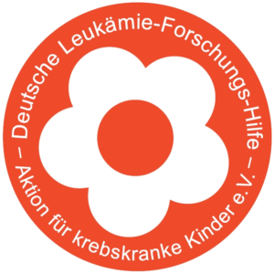 Logo der Deutschen Leukämie-Forschungs-Hilfe - Aktion für krebskranke Kinder e.V. Es ist ein oranger Kreis mit einer abstrakten, weißen, fünfblättrigen Blume.